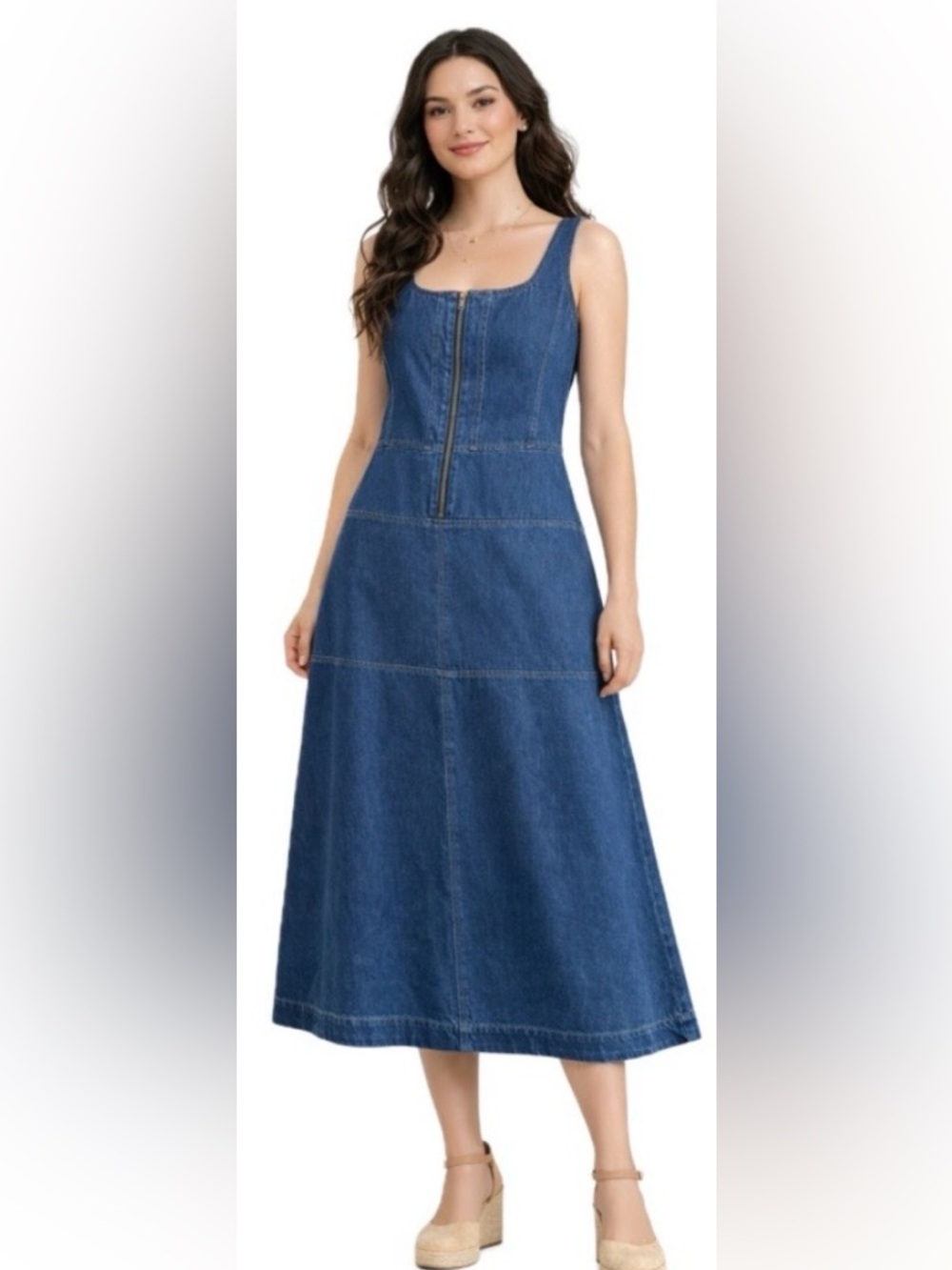 Free assembly Sleeveless Front-Zip Denim Midi Dress  Sz. S